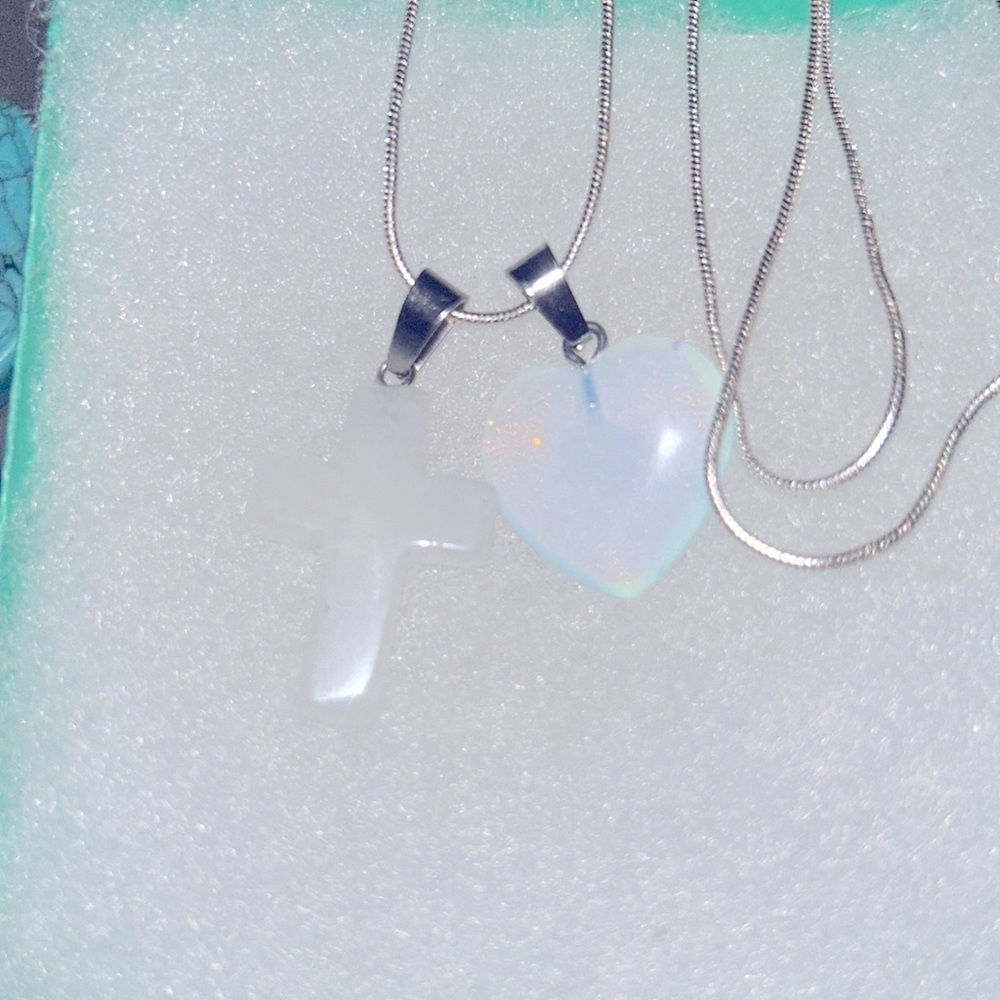 Boho hippie Quartz Crystal Cross and Opal heart Sterling Silver 24” Nec…